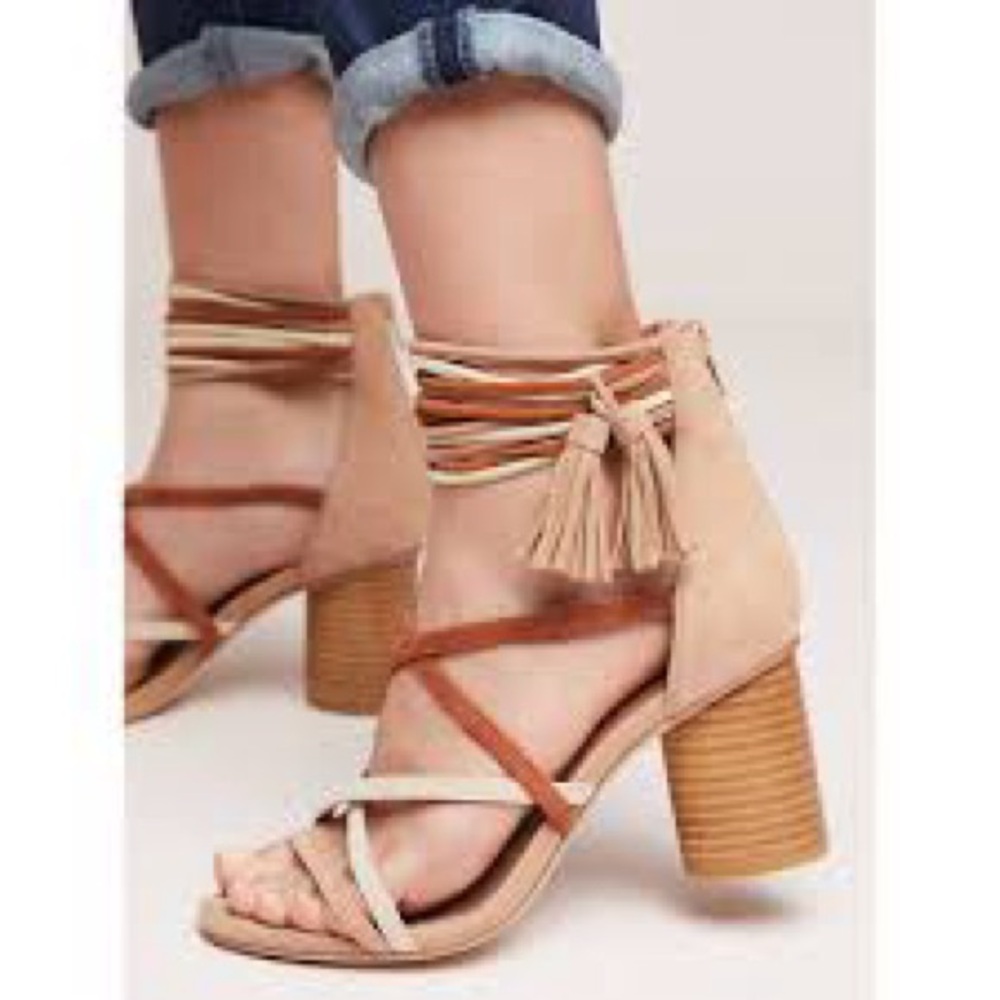 Jeffrey Campbell Two-Tone Fringe Wrap Heels in Beige and Brown
